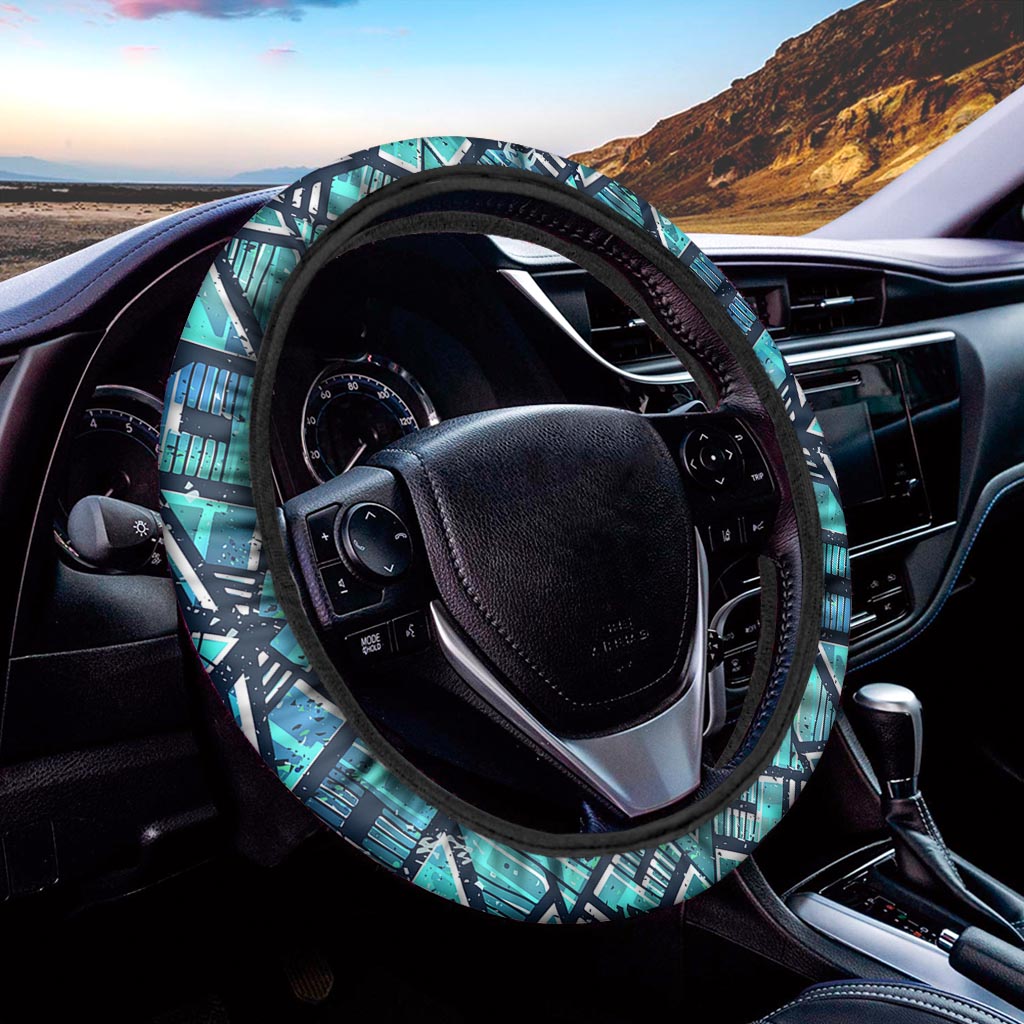 Turquoise Ethnic Aztec Trippy Print Car Steering Wheel Cover