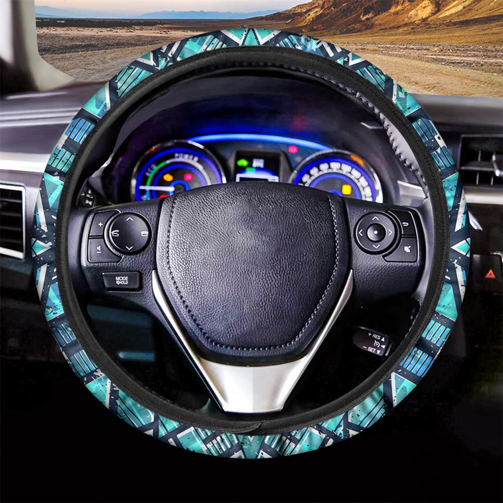 Turquoise Ethnic Aztec Trippy Print Car Steering Wheel Cover