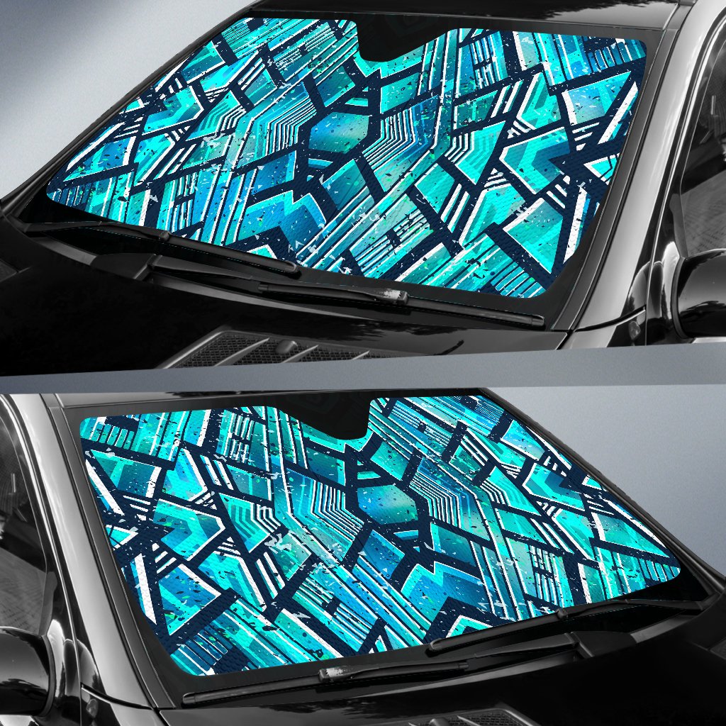 Turquoise Ethnic Aztec Trippy Print Car Sun Shade GearFrost