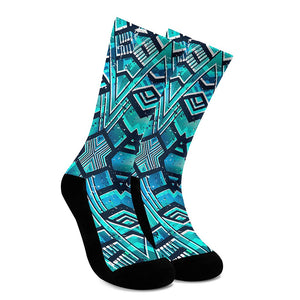 Turquoise Ethnic Aztec Trippy Print Crew Socks