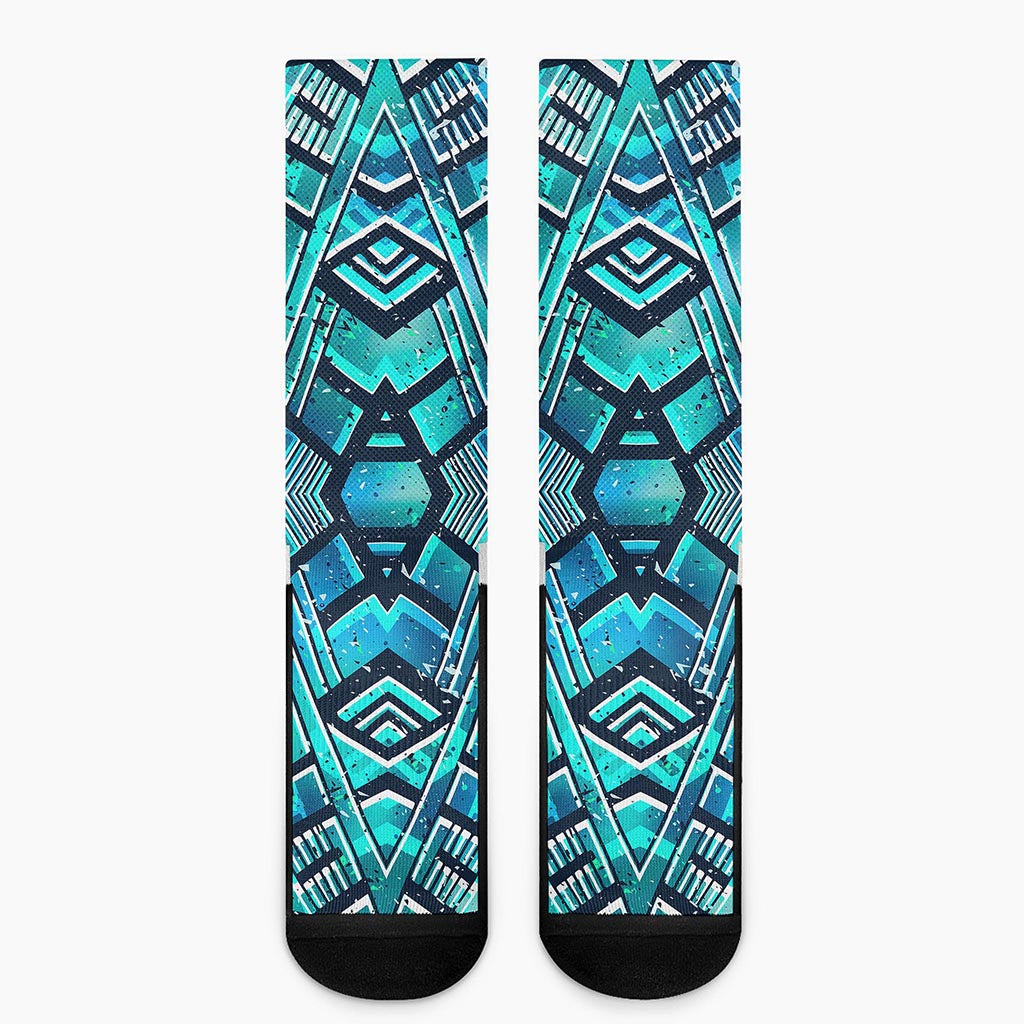 Turquoise Ethnic Aztec Trippy Print Crew Socks
