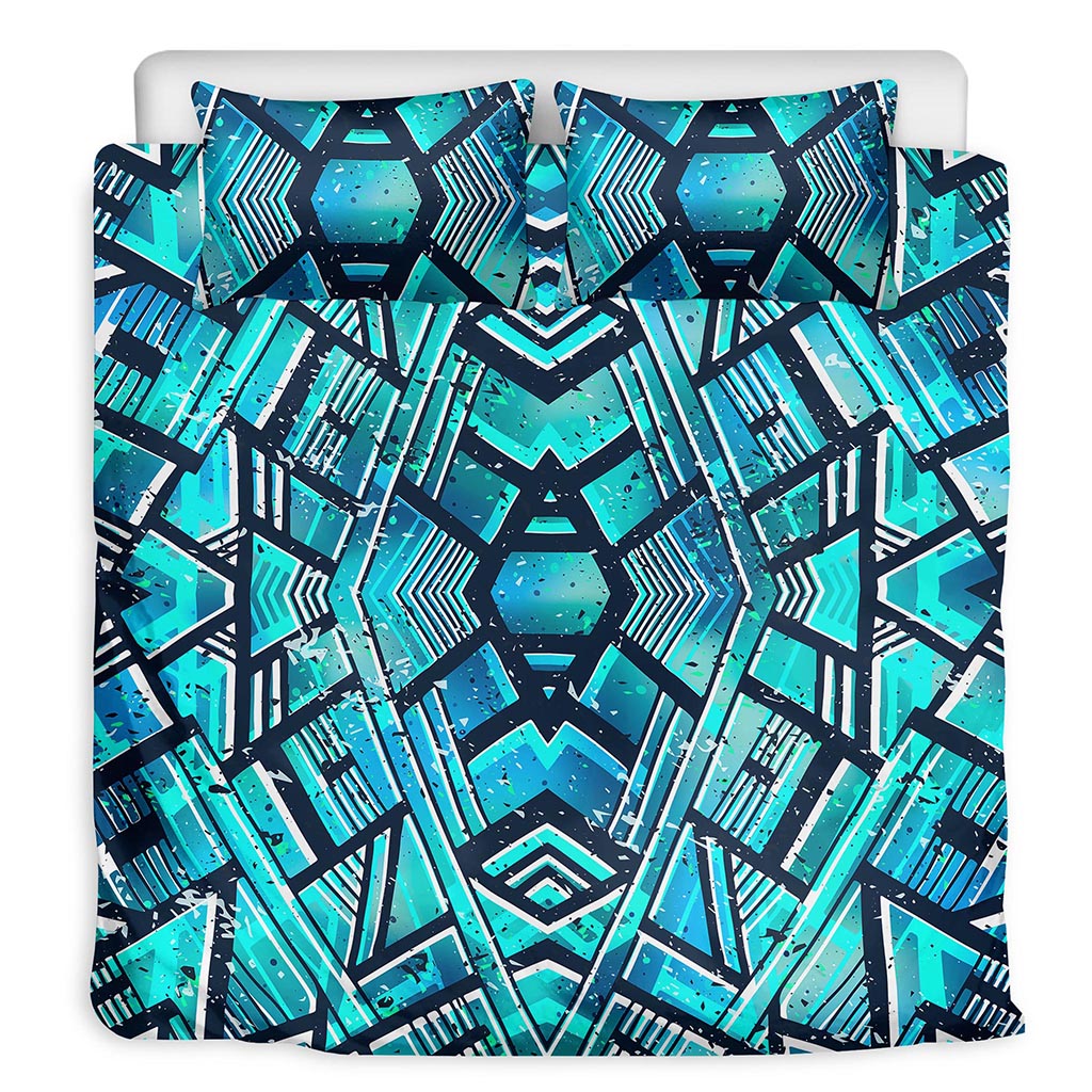 Turquoise Ethnic Aztec Trippy Print Duvet Cover Bedding Set