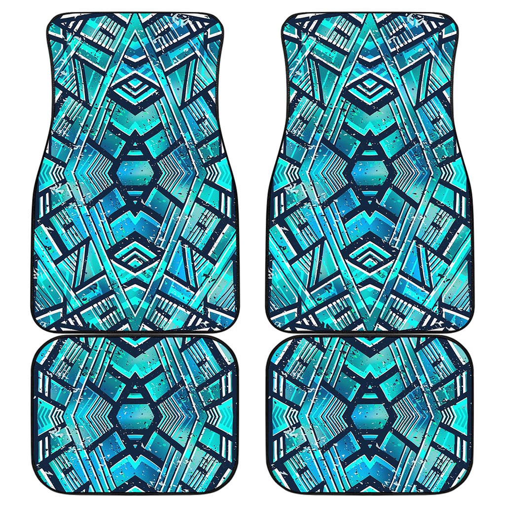 Turquoise Ethnic Aztec Trippy Print Front and Back Car Floor Mats