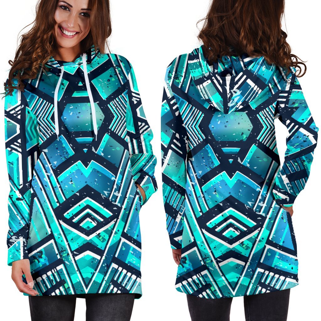 Turquoise Ethnic Aztec Trippy Print Hoodie Dress GearFrost