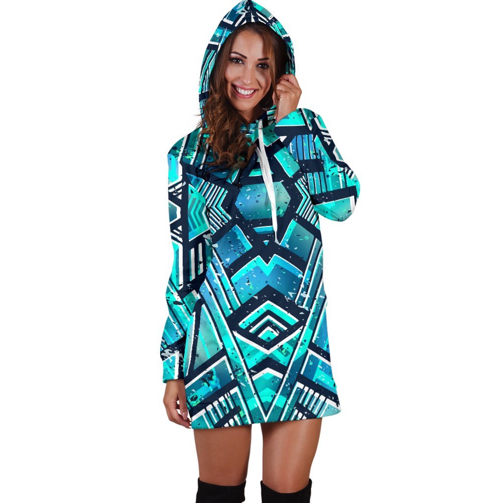 Turquoise Ethnic Aztec Trippy Print Hoodie Dress GearFrost