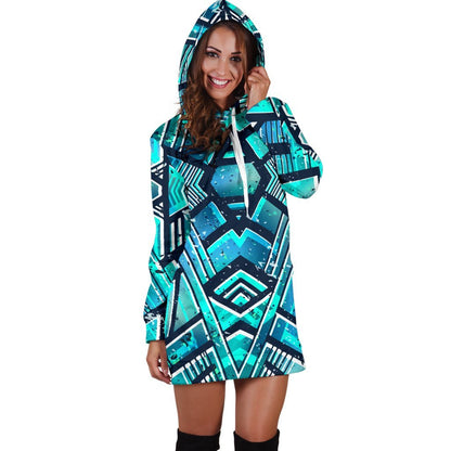 Turquoise Ethnic Aztec Trippy Print Hoodie Dress GearFrost