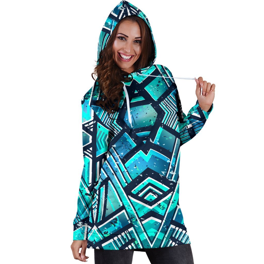 Turquoise Ethnic Aztec Trippy Print Hoodie Dress GearFrost