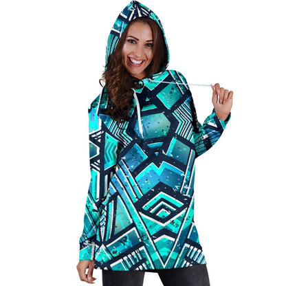 Turquoise Ethnic Aztec Trippy Print Hoodie Dress GearFrost