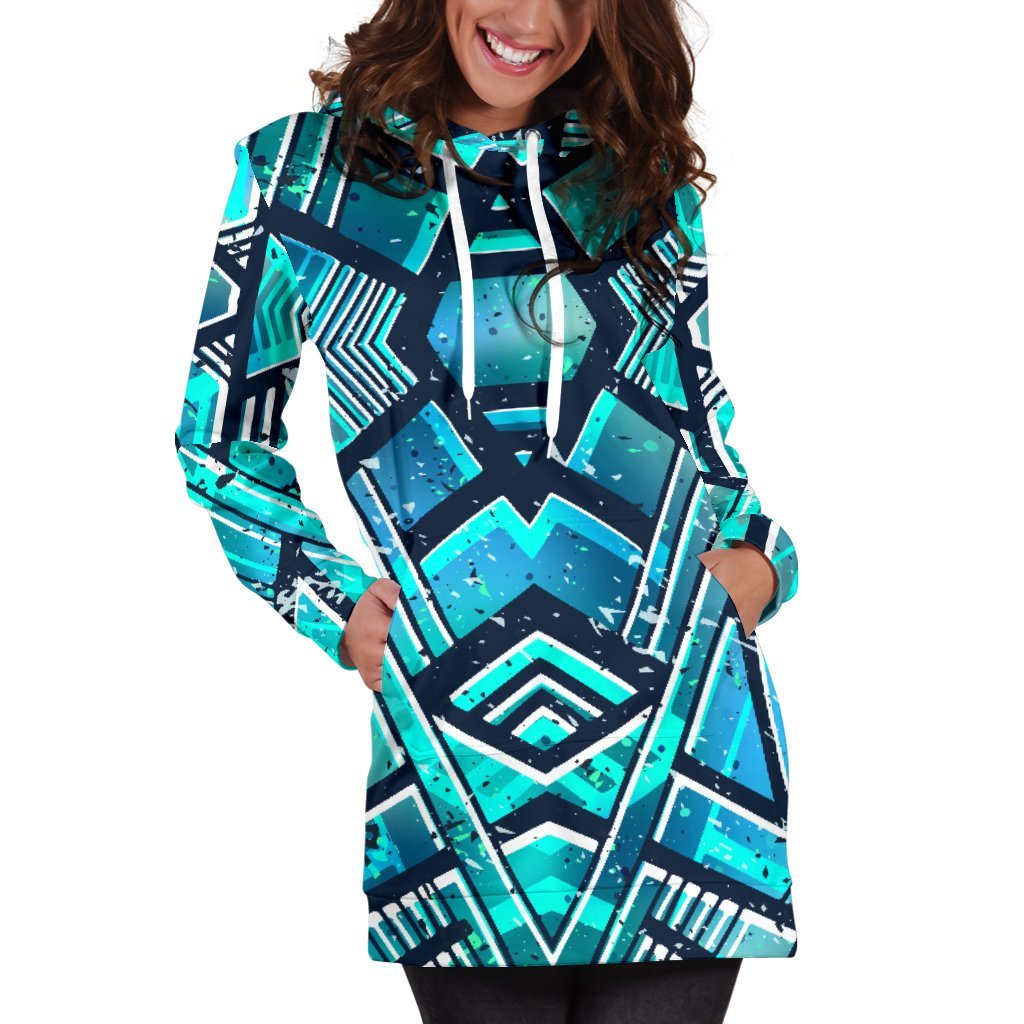 Turquoise Ethnic Aztec Trippy Print Hoodie Dress GearFrost