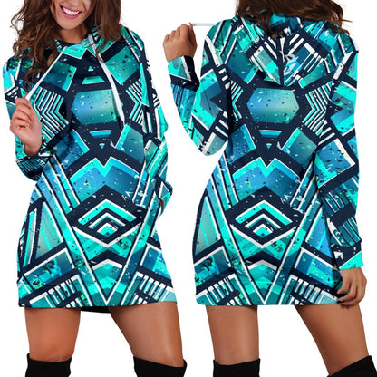 Turquoise Ethnic Aztec Trippy Print Hoodie Dress GearFrost