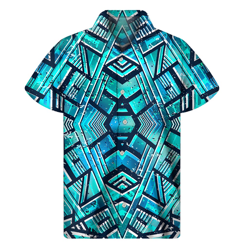 Turquoise Ethnic Aztec Trippy Print Men's Short Sleeve Shirt