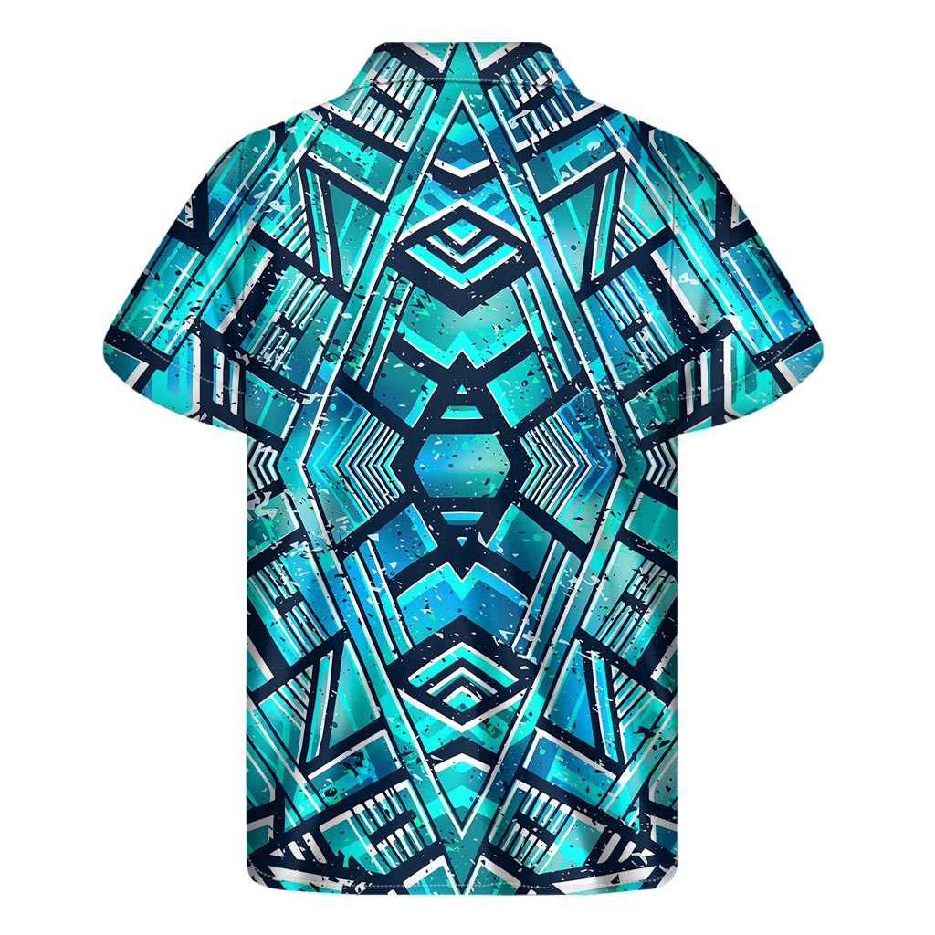 Turquoise Ethnic Aztec Trippy Print Men's Short Sleeve Shirt