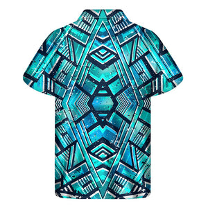 Turquoise Ethnic Aztec Trippy Print Men's Short Sleeve Shirt