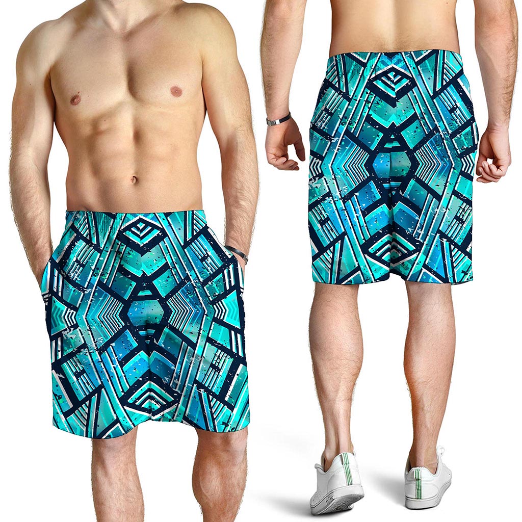 Turquoise Ethnic Aztec Trippy Print Men's Shorts