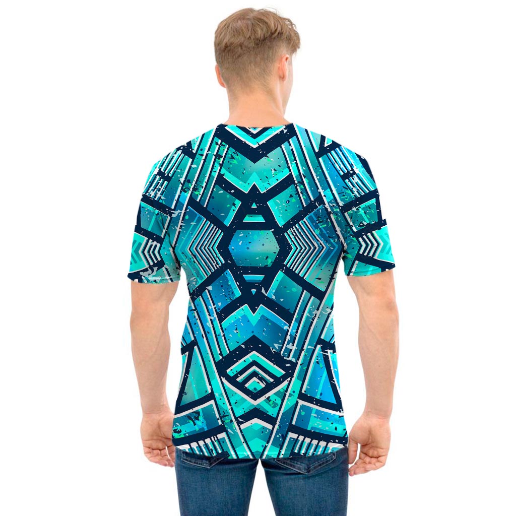 Turquoise Ethnic Aztec Trippy Print Men's T-Shirt