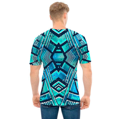 Turquoise Ethnic Aztec Trippy Print Men's T-Shirt