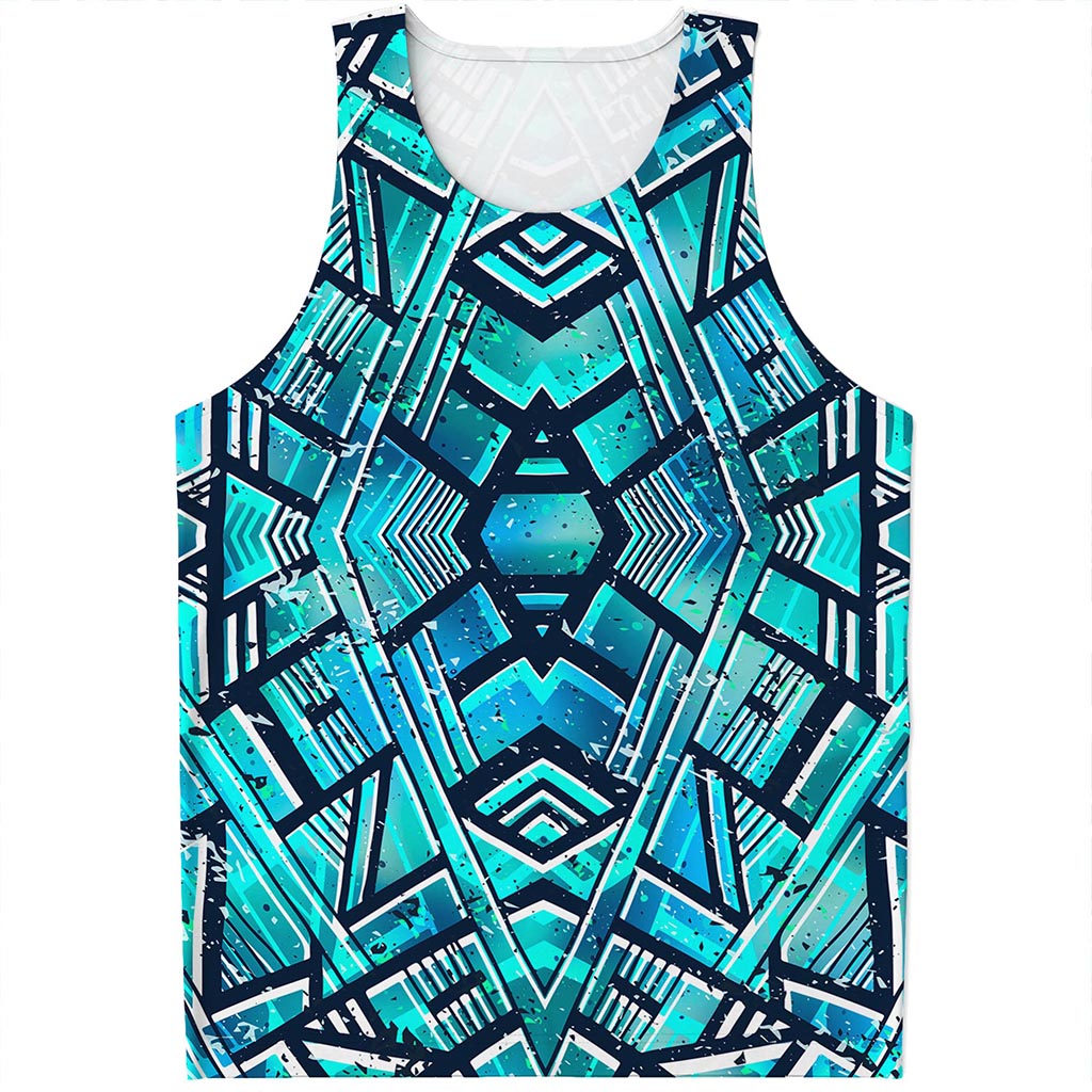 Turquoise Ethnic Aztec Trippy Print Men's Tank Top