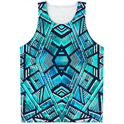 Turquoise Ethnic Aztec Trippy Print Men's Tank Top