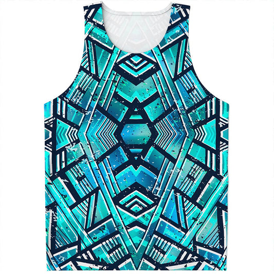 Turquoise Ethnic Aztec Trippy Print Men's Tank Top