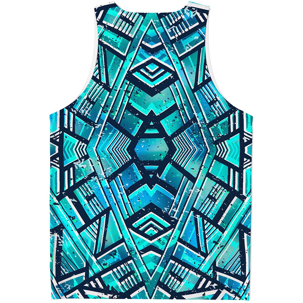 Turquoise Ethnic Aztec Trippy Print Men's Tank Top