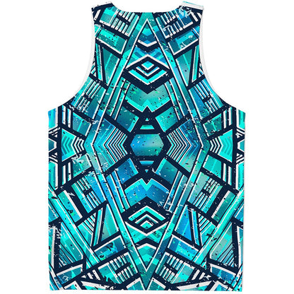 Turquoise Ethnic Aztec Trippy Print Men's Tank Top