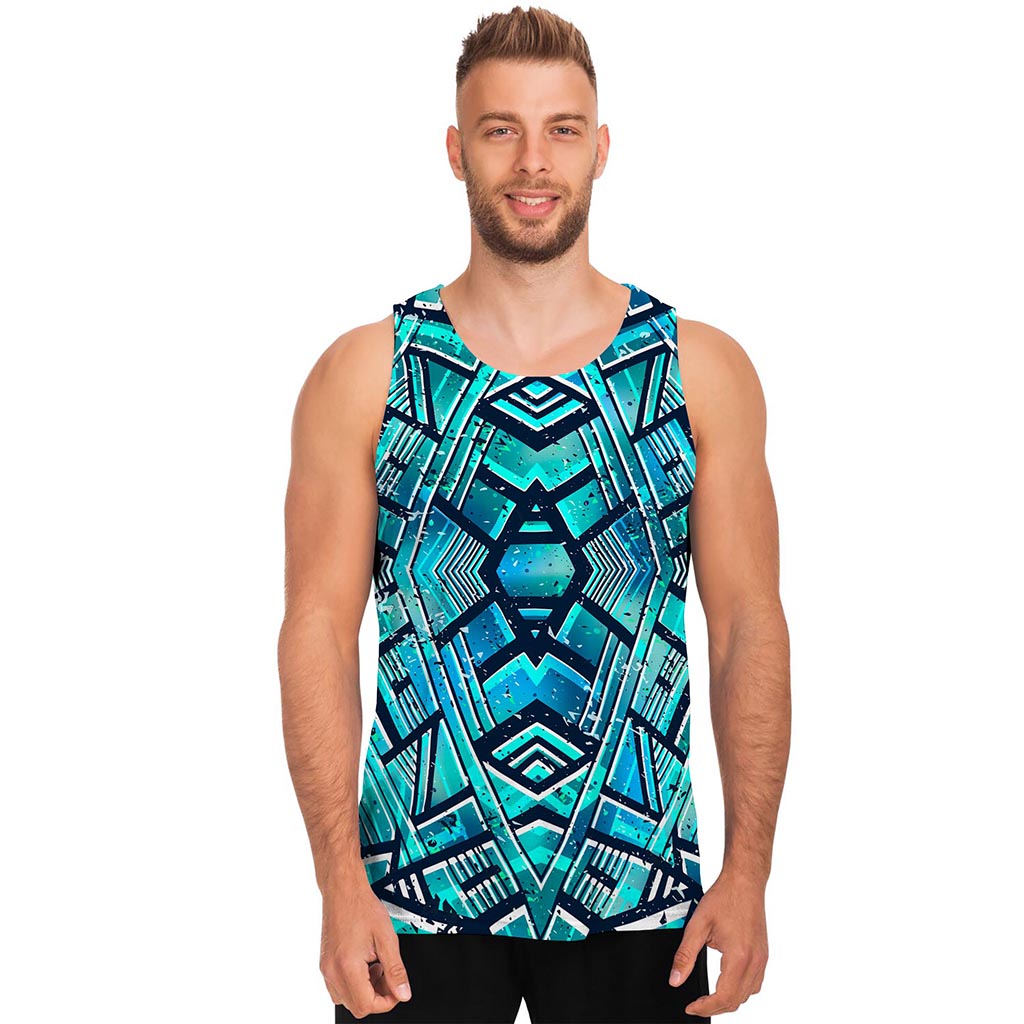 Turquoise Ethnic Aztec Trippy Print Men's Tank Top