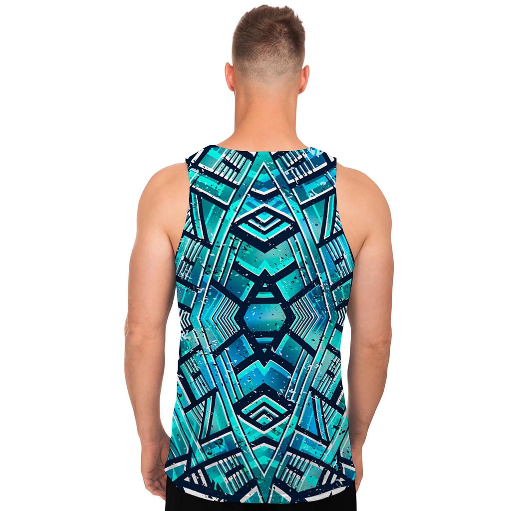 Turquoise Ethnic Aztec Trippy Print Men's Tank Top