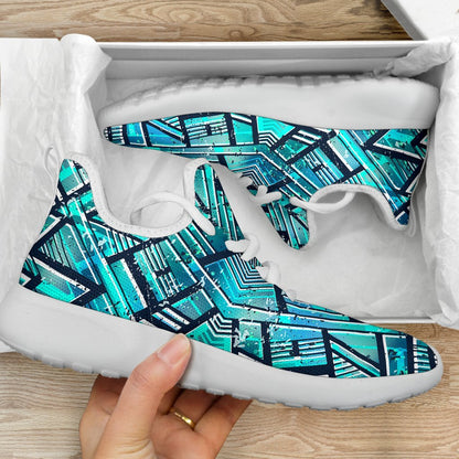Turquoise Ethnic Aztec Trippy Print Mesh Knit Shoes GearFrost