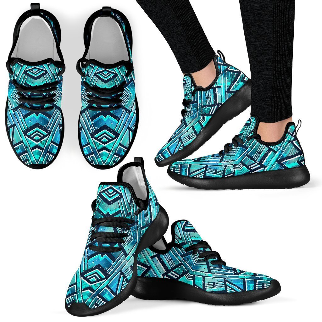 Turquoise Ethnic Aztec Trippy Print Mesh Knit Shoes GearFrost