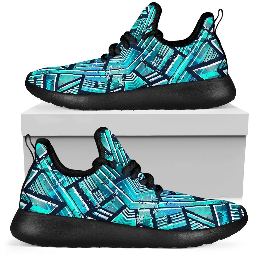 Turquoise Ethnic Aztec Trippy Print Mesh Knit Shoes GearFrost