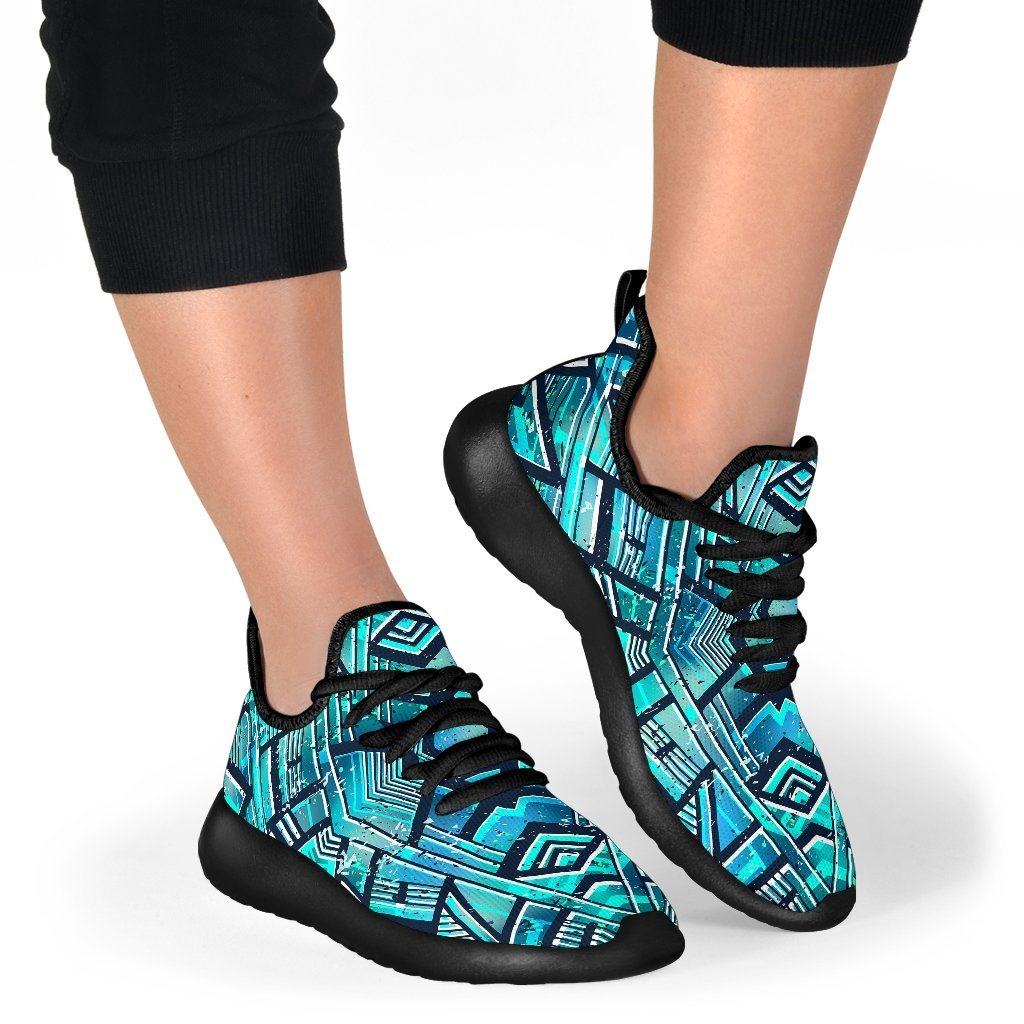 Turquoise Ethnic Aztec Trippy Print Mesh Knit Shoes GearFrost