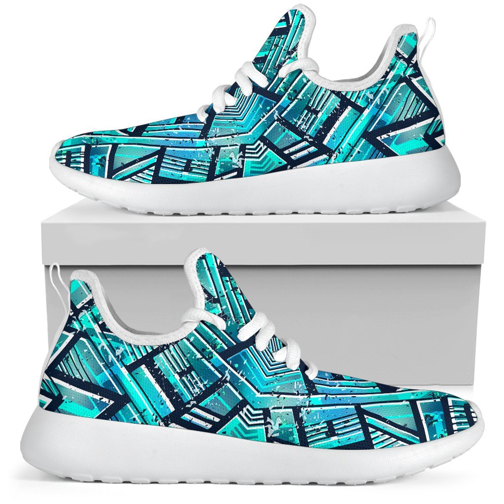 Turquoise Ethnic Aztec Trippy Print Mesh Knit Shoes GearFrost