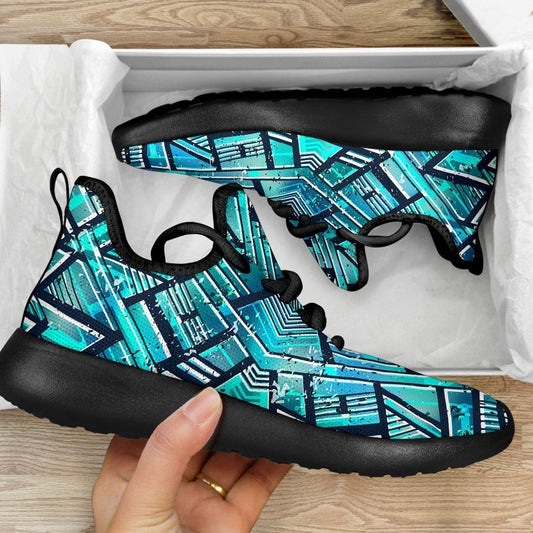 Turquoise Ethnic Aztec Trippy Print Mesh Knit Shoes GearFrost