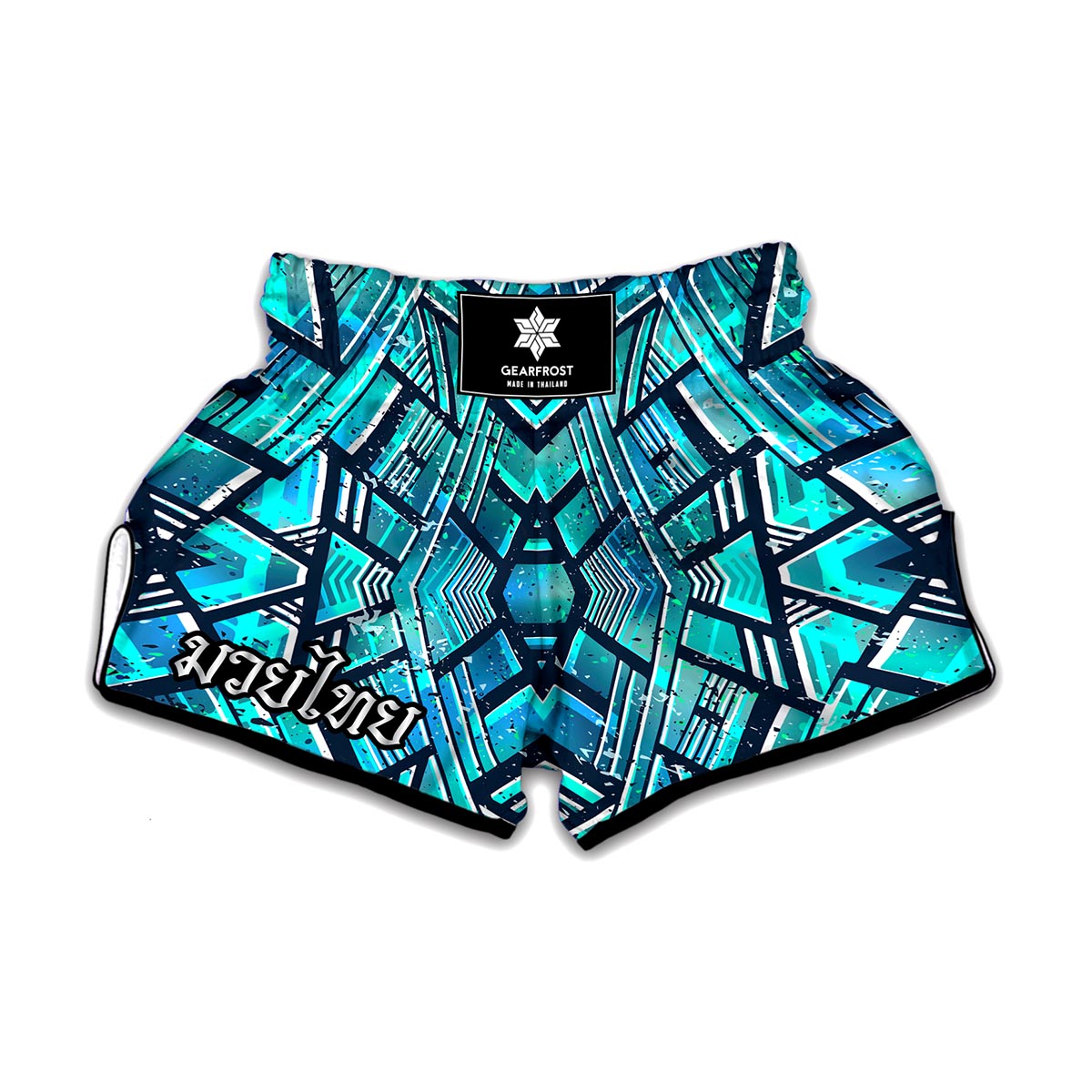 Turquoise Ethnic Aztec Trippy Print Muay Thai Boxing Shorts