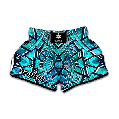 Turquoise Ethnic Aztec Trippy Print Muay Thai Boxing Shorts
