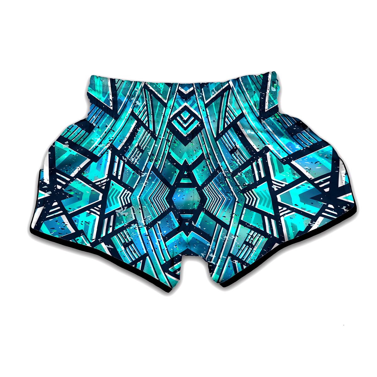 Turquoise Ethnic Aztec Trippy Print Muay Thai Boxing Shorts