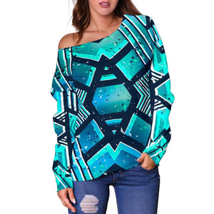 Turquoise Ethnic Aztec Trippy Print Off Shoulder Sweatshirt GearFrost