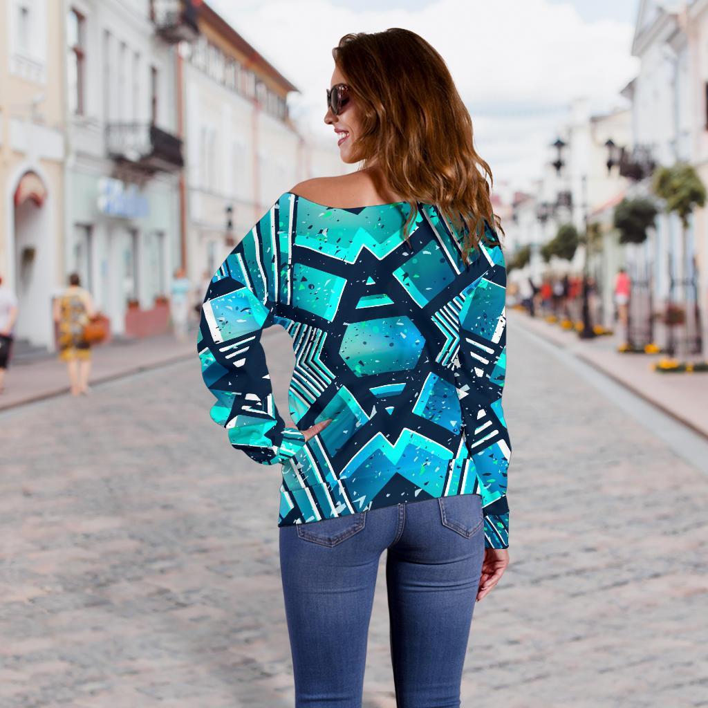 Turquoise Ethnic Aztec Trippy Print Off Shoulder Sweatshirt GearFrost