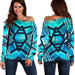 Turquoise Ethnic Aztec Trippy Print Off Shoulder Sweatshirt GearFrost