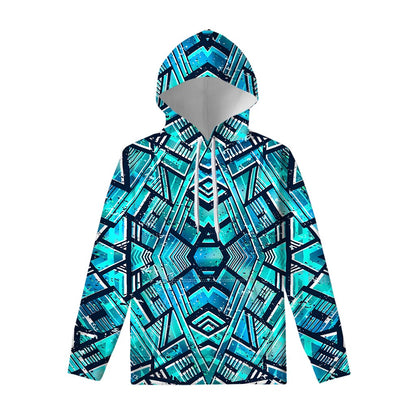 Turquoise Ethnic Aztec Trippy Print Pullover Hoodie