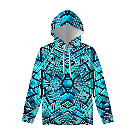Turquoise Ethnic Aztec Trippy Print Pullover Hoodie
