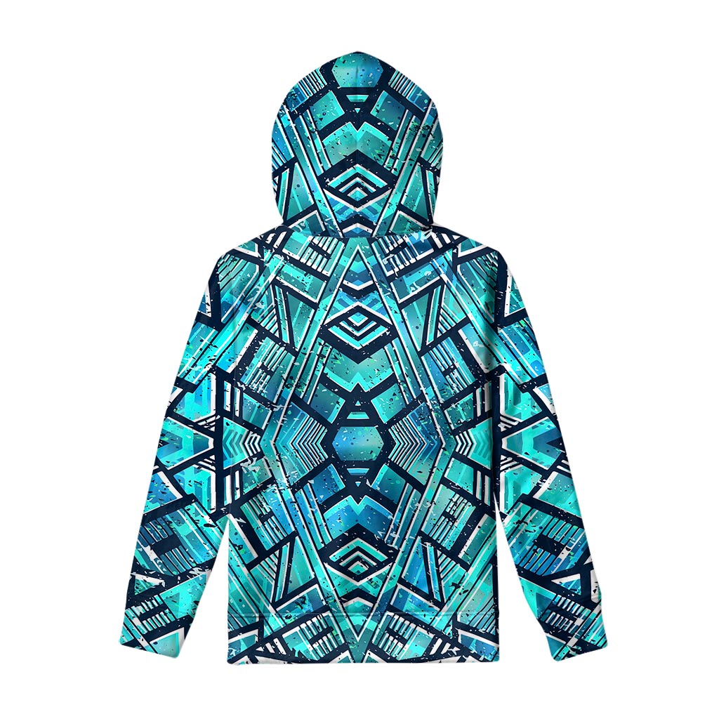 Turquoise Ethnic Aztec Trippy Print Pullover Hoodie
