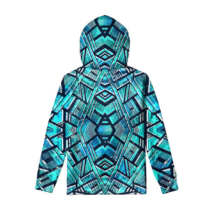 Turquoise Ethnic Aztec Trippy Print Pullover Hoodie