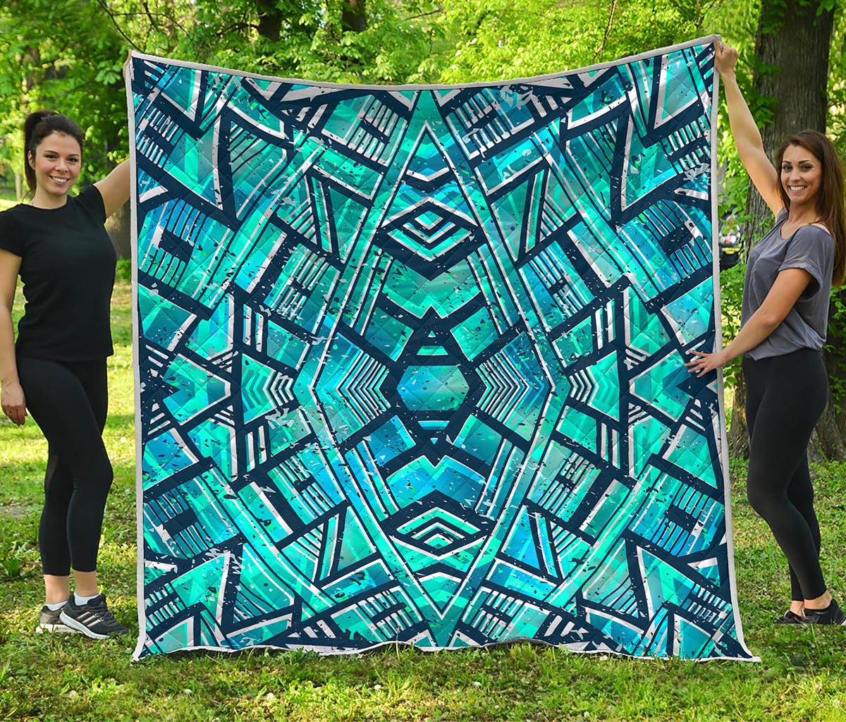 Turquoise Ethnic Aztec Trippy Print Quilt