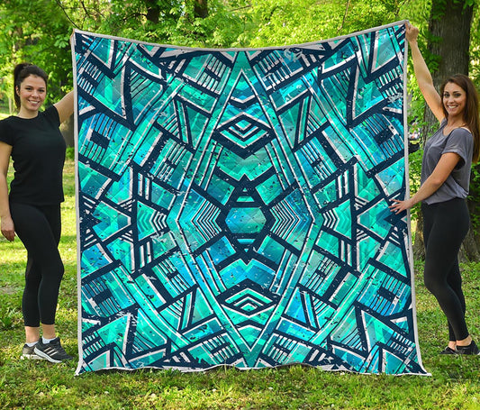 Turquoise Ethnic Aztec Trippy Print Quilt