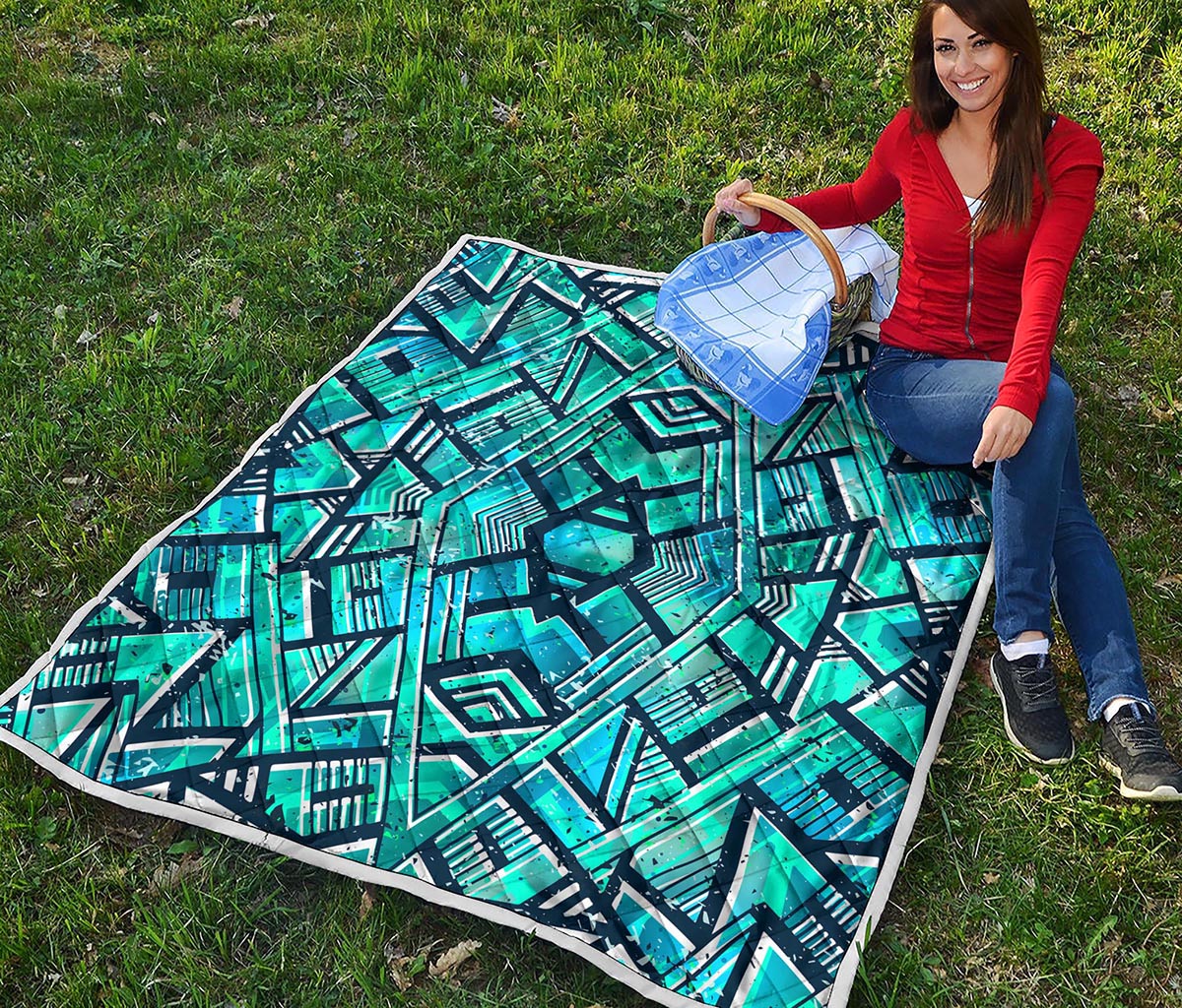 Turquoise Ethnic Aztec Trippy Print Quilt
