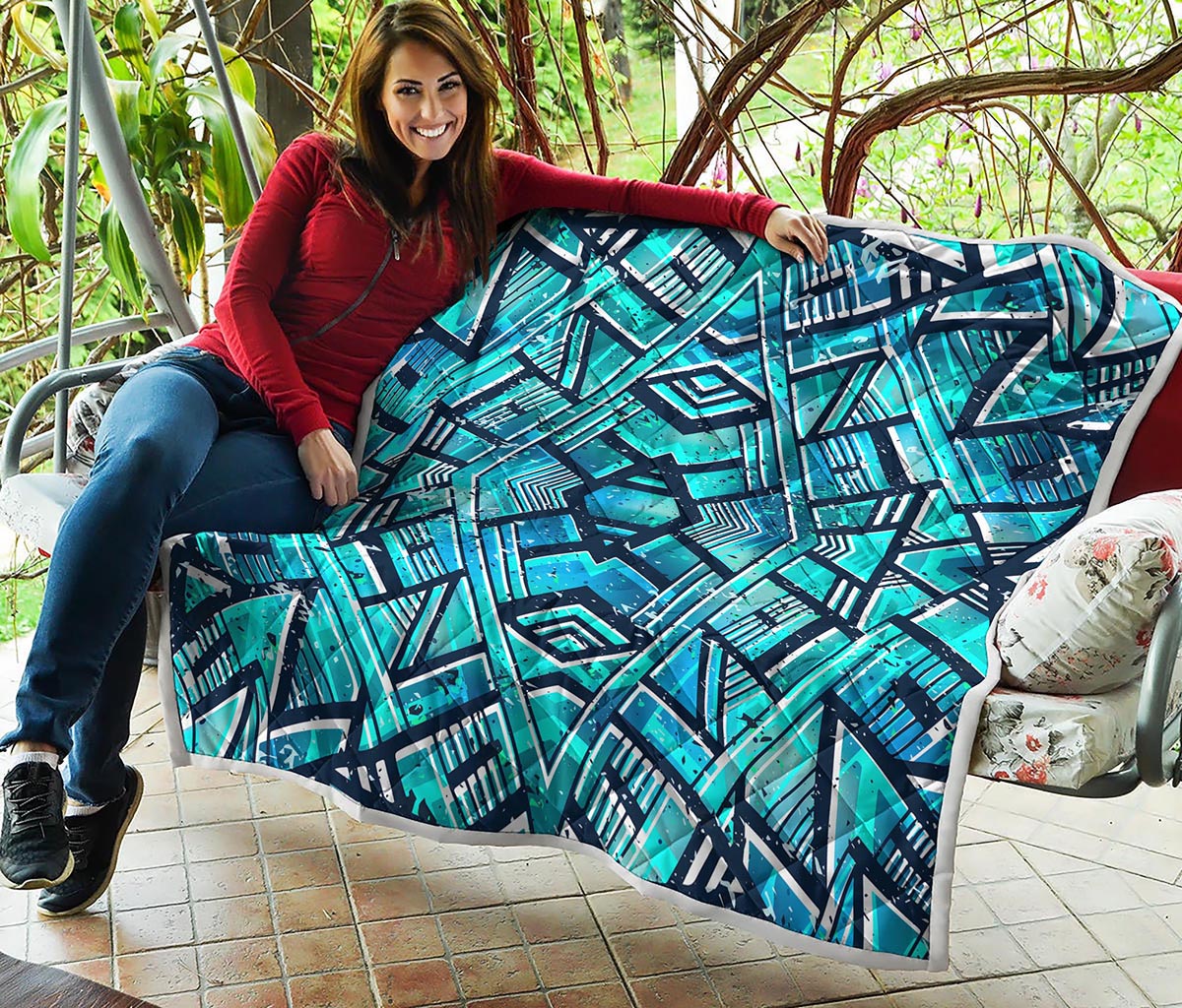 Turquoise Ethnic Aztec Trippy Print Quilt