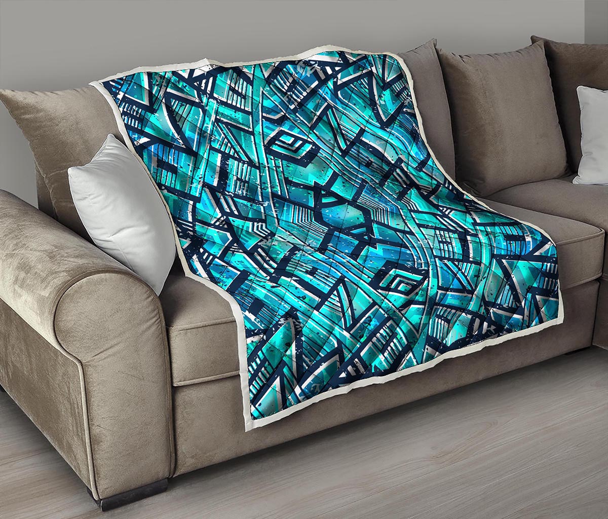 Turquoise Ethnic Aztec Trippy Print Quilt
