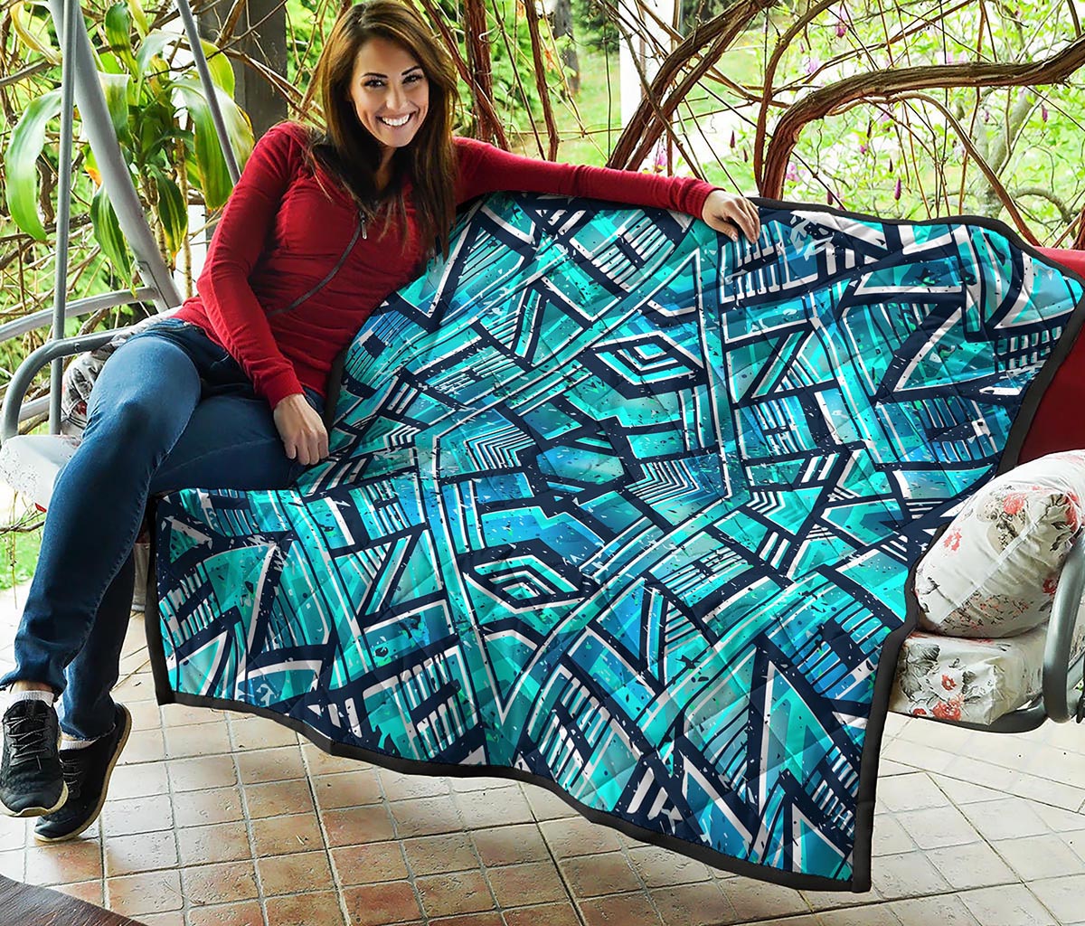 Turquoise Ethnic Aztec Trippy Print Quilt