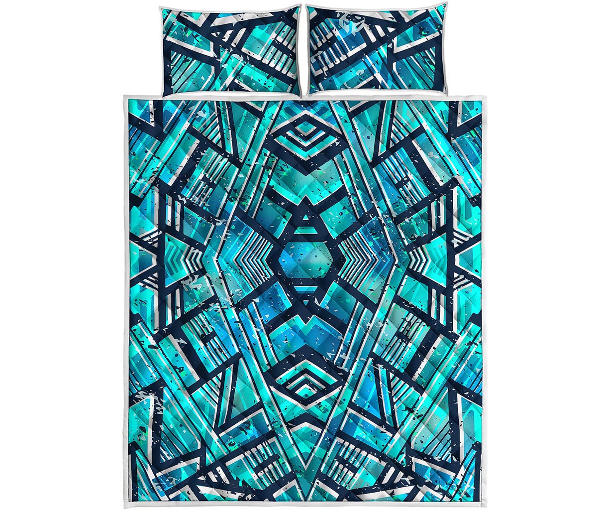 Turquoise Ethnic Aztec Trippy Print Quilt Bed Set